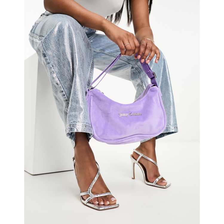 Juicy Couture velour shoulder bag with metal plaque in lilac