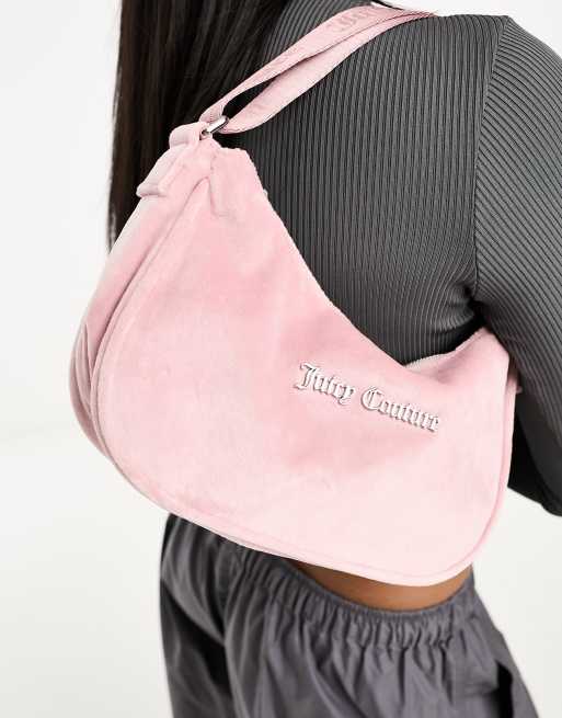 Juicy Couture velour shoulder bag with metal plaque in pale pink