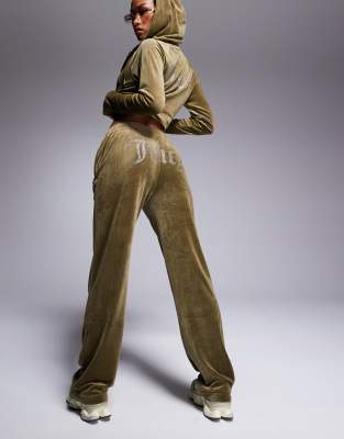 Juicy Couture Juicy Couture velour straight leg joggers co-ord in dark olive-Green