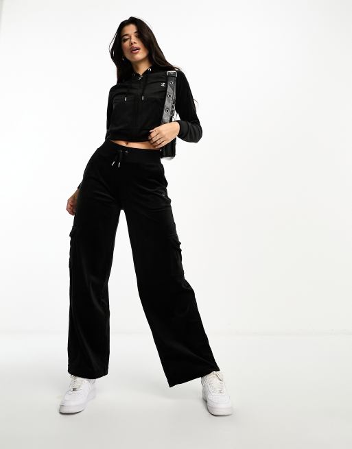 Juicy Couture velour wide leg cargo pants in black (part of a set)