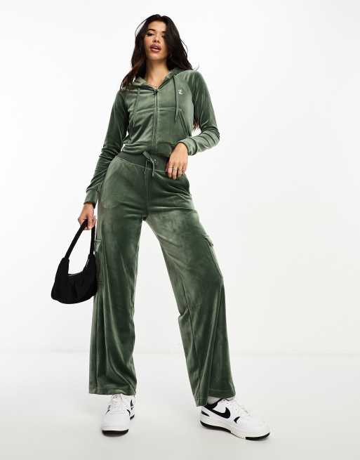 Juicy Couture velour wide leg cargo trousers co-ord in dark green | ASOS