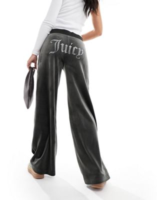 Juicy Couture velour wide leg joggers with diamante logo in dark grey - ASOS Price Checker