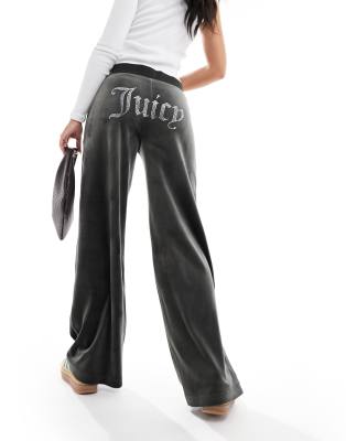 Juicy Couture velour wide leg joggers with diamante logo in dark grey