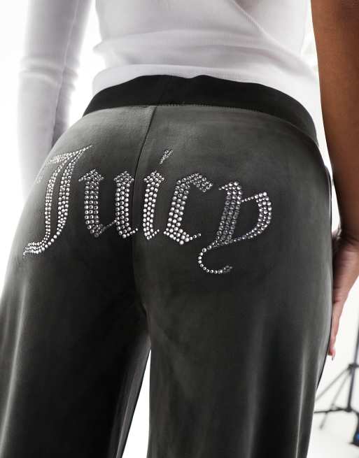 Juicy Couture velour wide leg joggers with diamante logo in dark