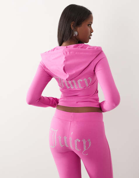 Juicy Couture velour zip through diamante outline logo hoodie and low rise trackies set in hot pink - view 1