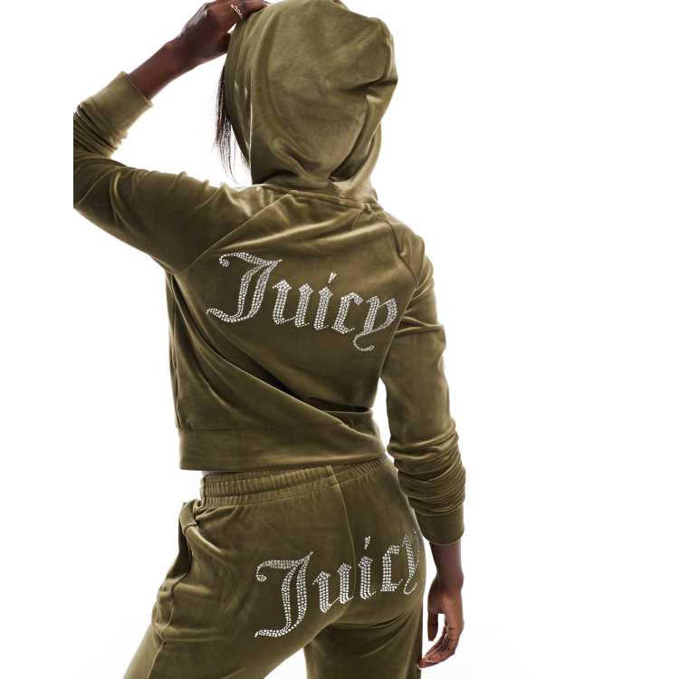 Juicy Couture velour zip through hoodie co-ord in dark olive