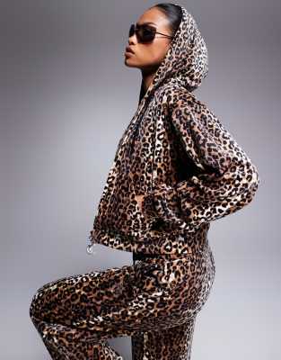 Juicy Couture Juicy Couture velour zip through hoodie exclusive to ASOS co-ord in leopard print-Brown