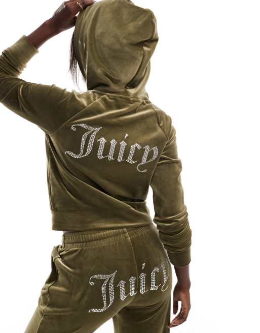 Juicy Couture velour zip through hoodie in dark olive exclusive to ASOS part of a set