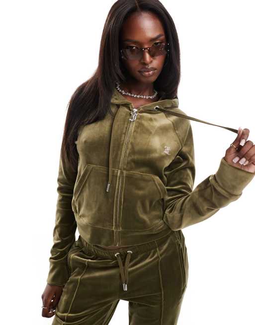 Juicy Couture velour zip through hoodie in dark olive exclusive to ASOS part of a set