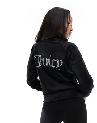 Juicy Couture velour zip track jacket with diamante back logo black
