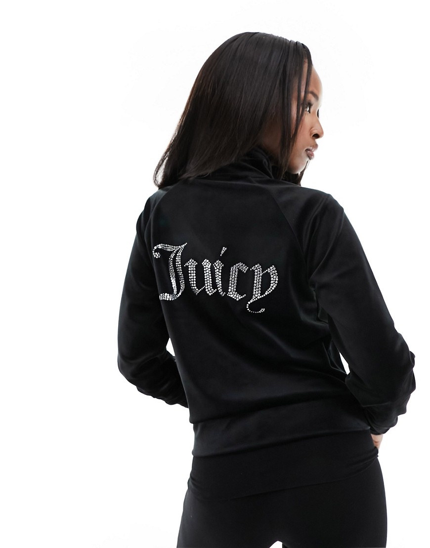 Juicy Couture velour zip track jacket with diamante back logo black-Blue