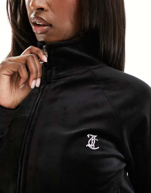 Juicy Couture velour zip track jacket with diamante back logo in black, 4 of 4