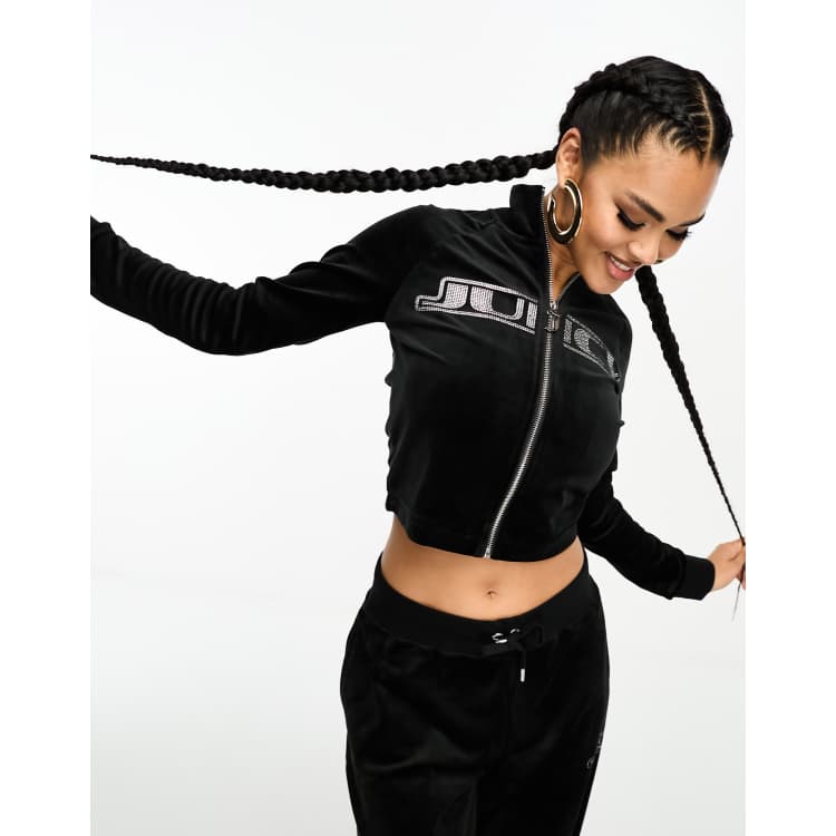 Juicy Couture velour zip up sweatshirt with diamante logo in black (part of  a set) | ASOS