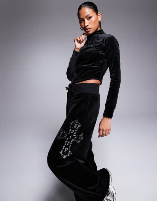 Juicy Couture - Velours joggingbroek met wijde pijpen en kruisopdruk in zwart, deel van co-ord set