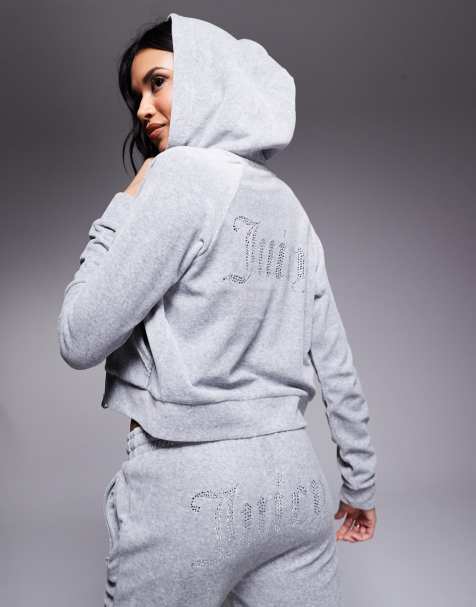 Juicy Couture – Velours-Kapuzenjacke in Grau mit Strass-Logo, Kombiteil - view 1
