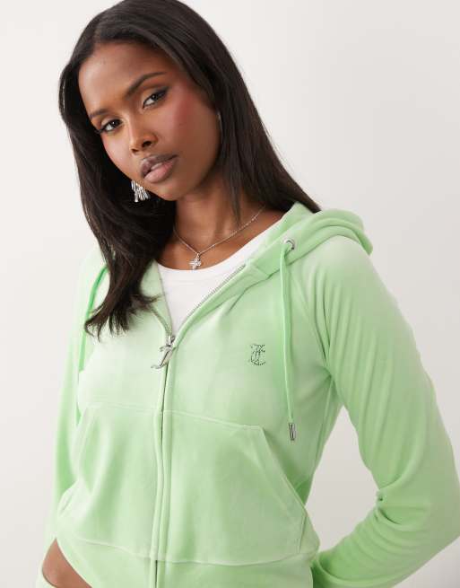 Juicy Couture – Velours-Kapuzenjacke in Grün mit Strass-Logo, Kombiteil, 4 von 4