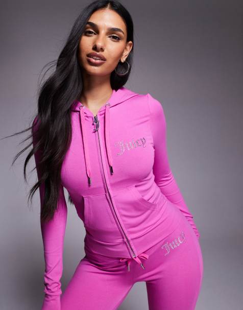 Juicy Couture – Velours-Kapuzenjacke in Pink mit Reißverschluss und Strass-Logo, Kombiteil - view 1