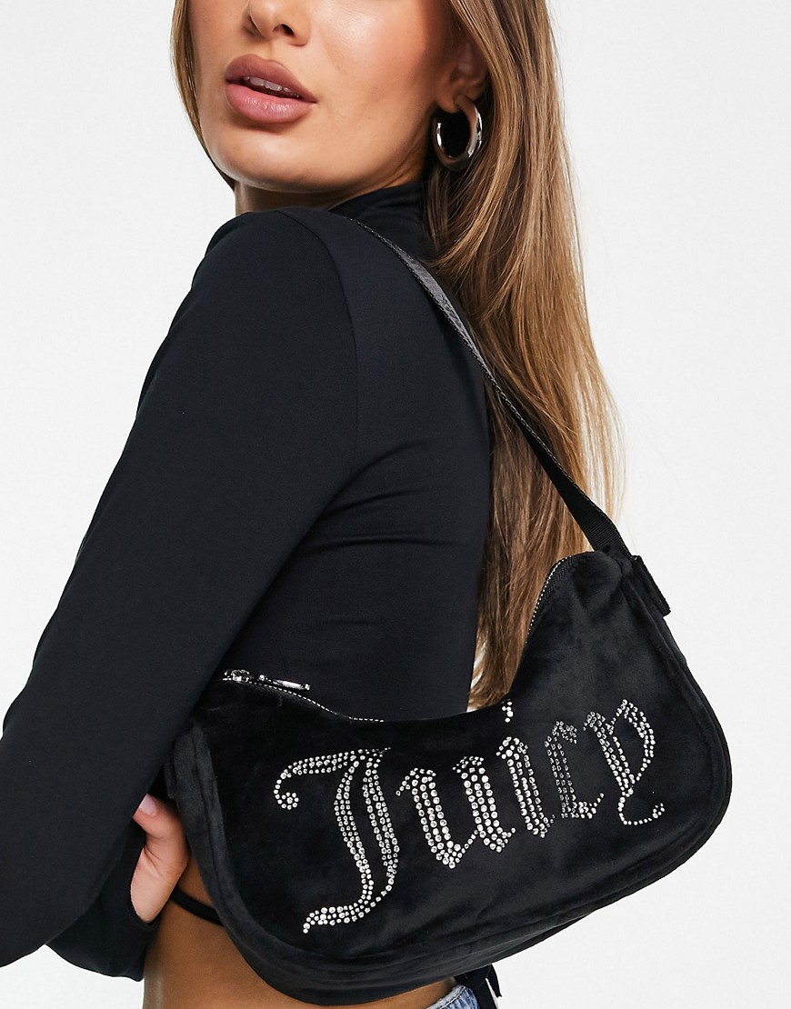 Juicy Couture - Velours schoudertas met diamanten detail in zwart