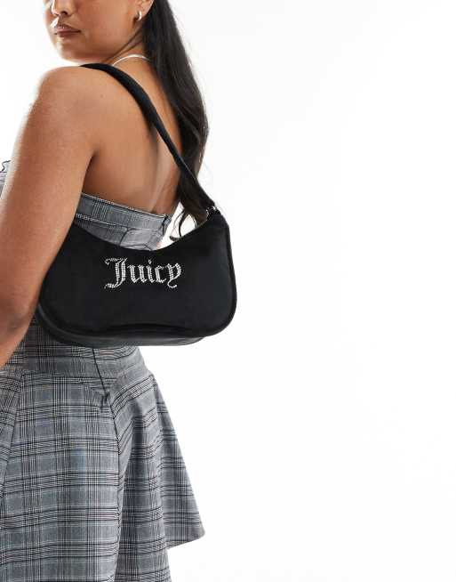 Juicy Couture – Velours-Schultertasche in Schwarz mit Strass-Logo, 4 von 4