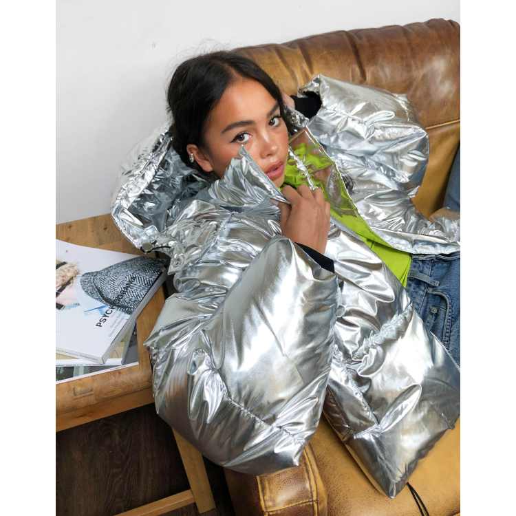 Juicy Couture vinyl padded coat with hood in silver | ASOS
