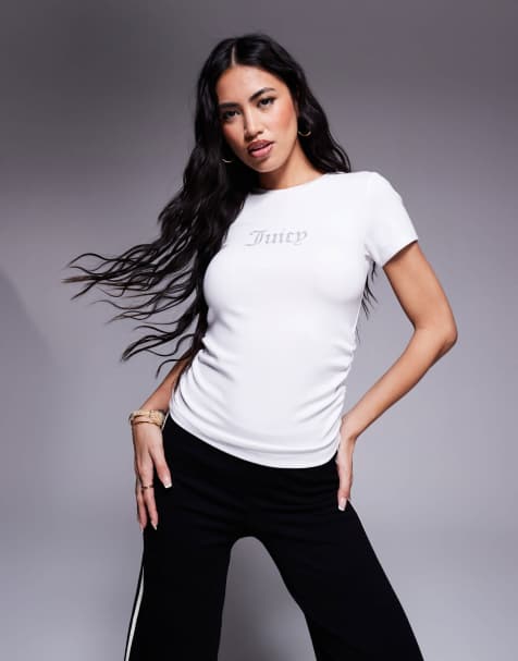 Juicy Couture – Vit t-shirt med rysch och strasslogga - view 1