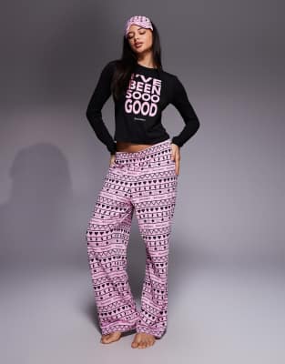 Juicy Couture - Weihnachtspyjama in Schwarz mit Aufschrift „Ive Been So Good" und Logo in Rosa, inkl. Maske-Bunt
