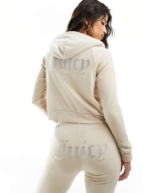 Juicy Couture – Welurowa bluza z kapturem w piaskowym kolorze z kryształkami, część zestawu