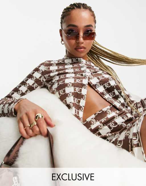 Juicy Couture x ASOS – Brązowo-biały welurowy kardigan ze wzorem z monogramem – część zestawu 