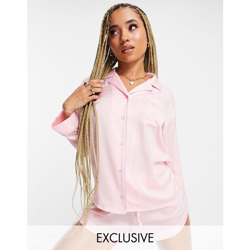 Donna  Juicy Couture X - Camicia del pigiama oversize in raso rosa in coordinato