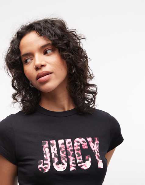 Juicy Couture x ASOS Exclusive pink leopard print logo t-shirt in black - view 1