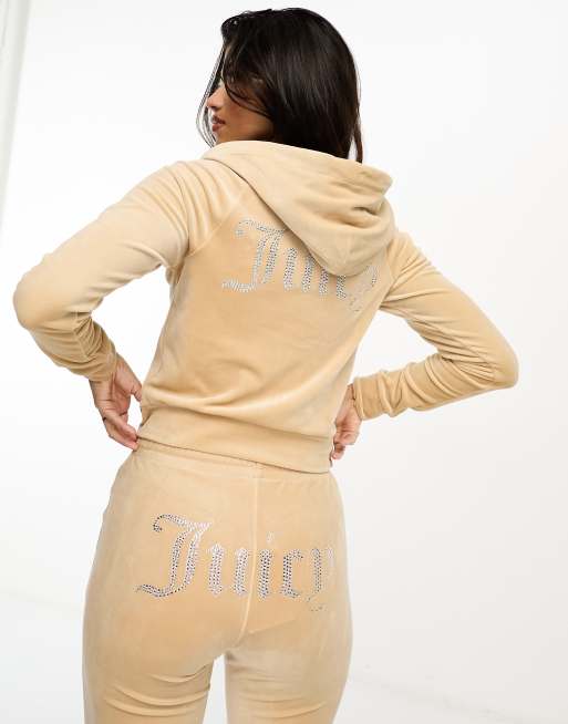 Juicy Couture – Zapinana na suwak jasnobeżowa welurowa bluza z kapturem, część zestawu