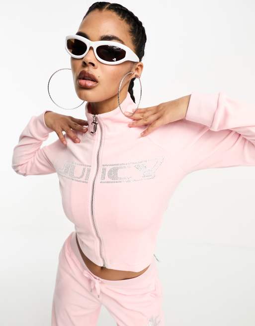 Juicy Couture – Zapinana na zamek welurowa bluza w różowym kolorze z logo z kryształków, część zestawu