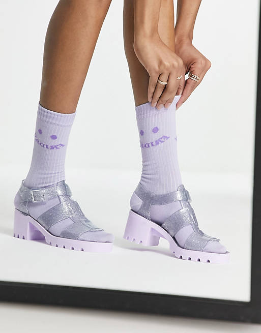 Juju jelly heeled shoes in clear glitter with lilac contrast sole