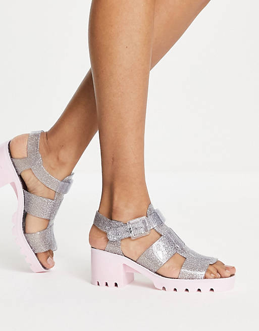 indlysende krabbe Foreman Juju jelly heeled shoes in clear glitter with pink contrast sole | ASOS
