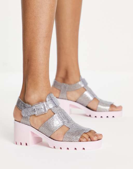 Juju jelly heeled shoes in clear glitter with pink contrast sole