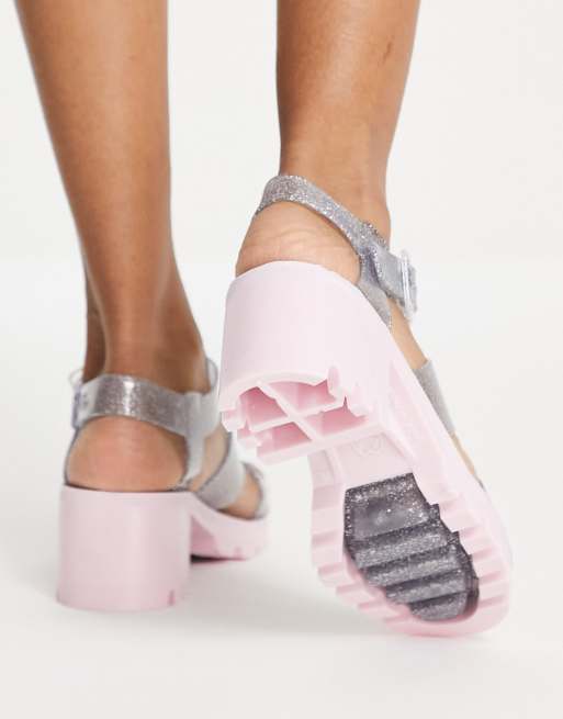 Juju jelly heeled shoes in clear glitter with pink contrast sole