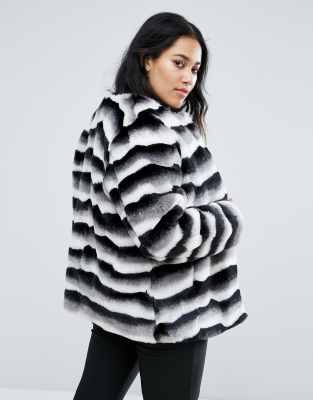 black and white striped faux fur coat