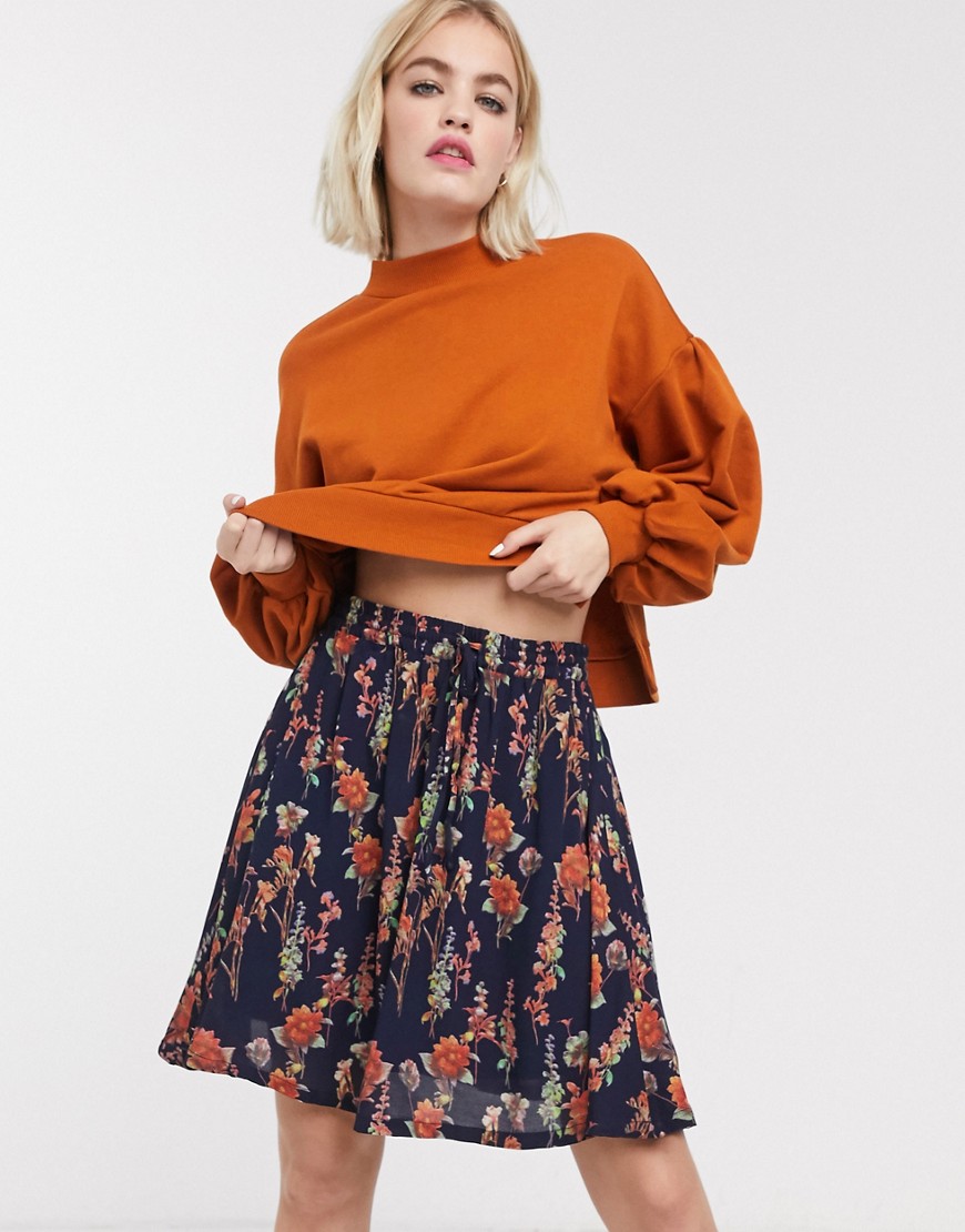 Just Female Tia skirt in blue floral-Navy
