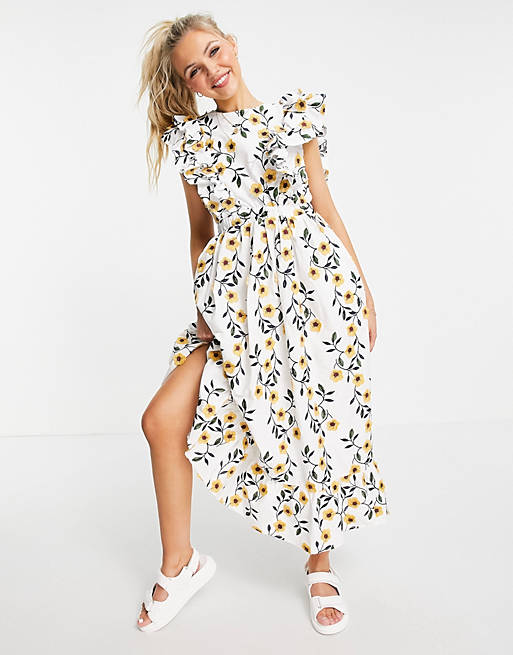 Just Me bow back midi dress in sunflower floral print