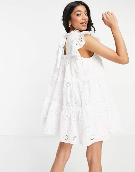 Just Me Broderie Anglais Baby Doll Mini Dress In Off White Asos