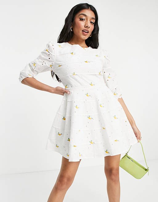Just Me broderie anglais mini dress with floral embroidery in off white