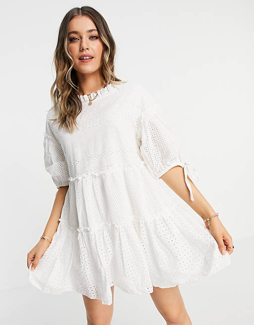 Just Me broderie anglais smock mini dress in off white