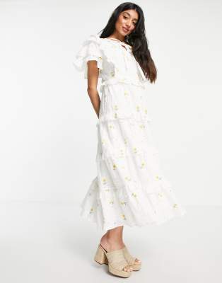 Just Me broderie anglais tiered midi dress with floral embroidery in off white