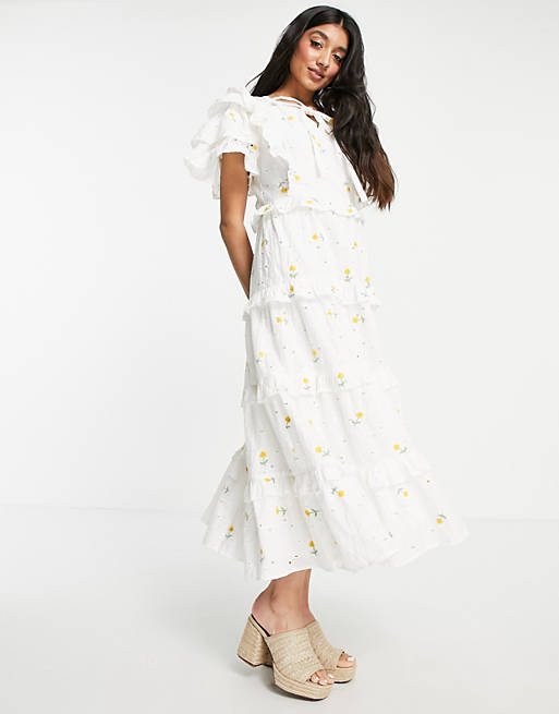 Just Me broderie anglais tiered midi dress with floral embroidery in off white