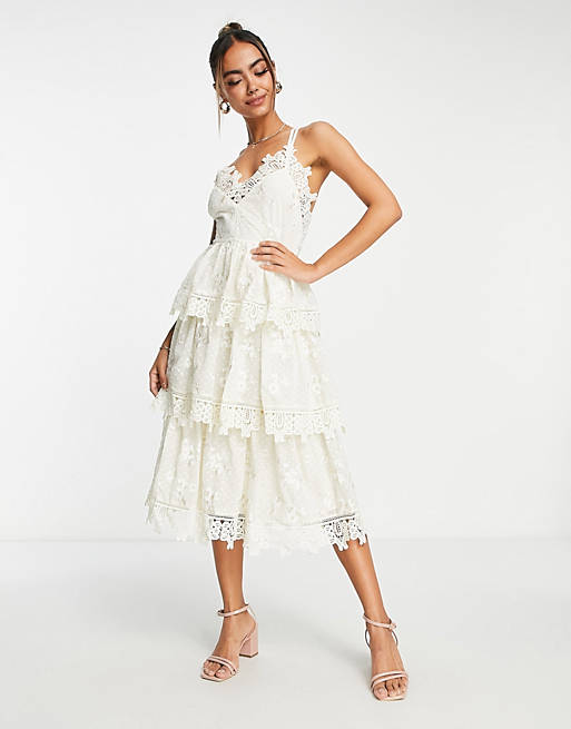 Just Me cami lace tiered midi dress in cream | ASOS