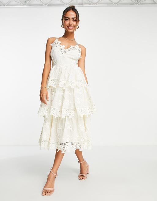 self portrait cream tiered midi dress