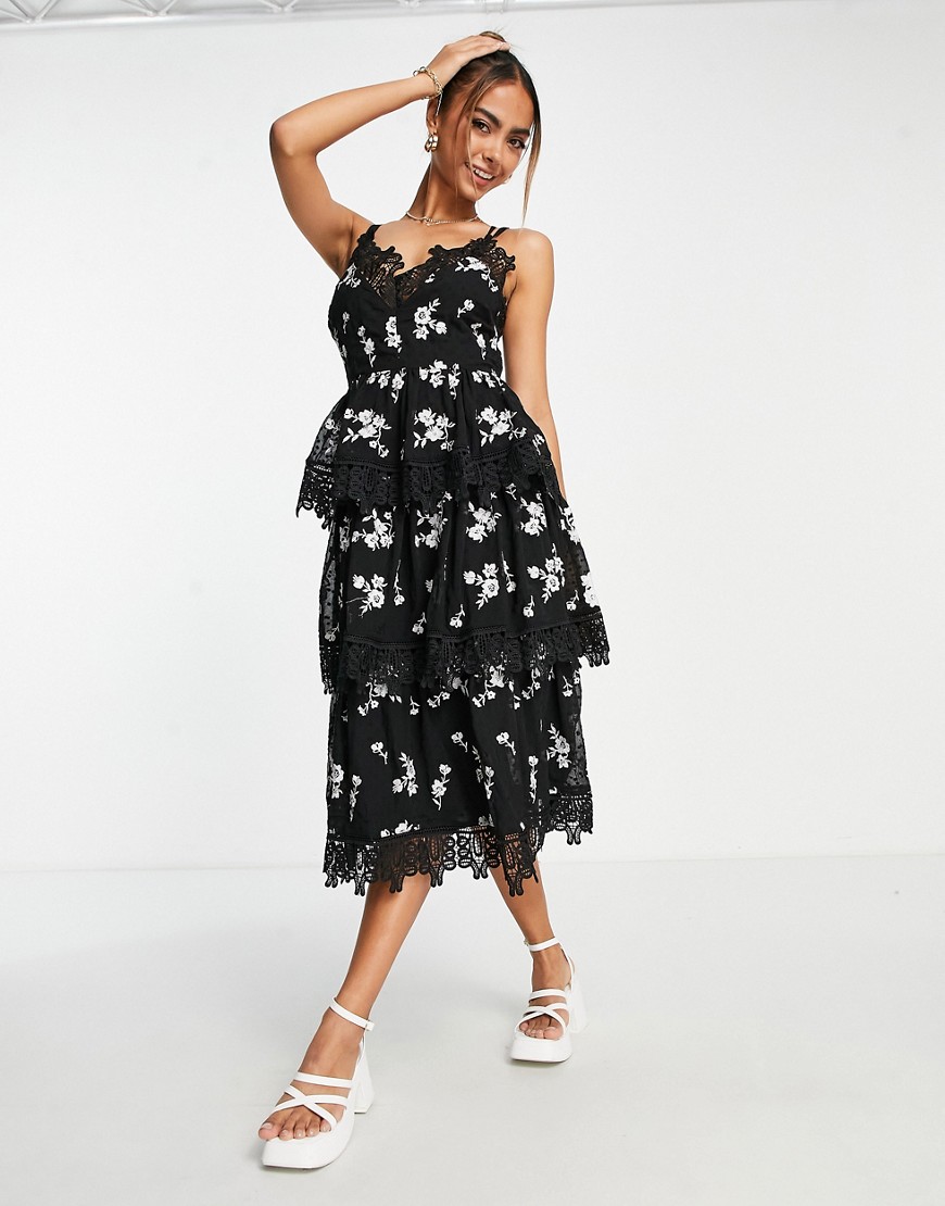 Just Me cami lace triered midi dress in black