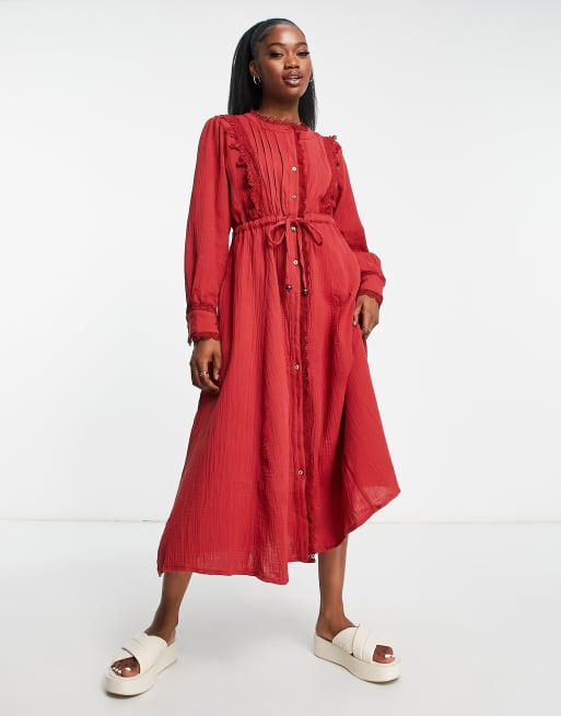 Just Me lace front midi dress with tie waist in red