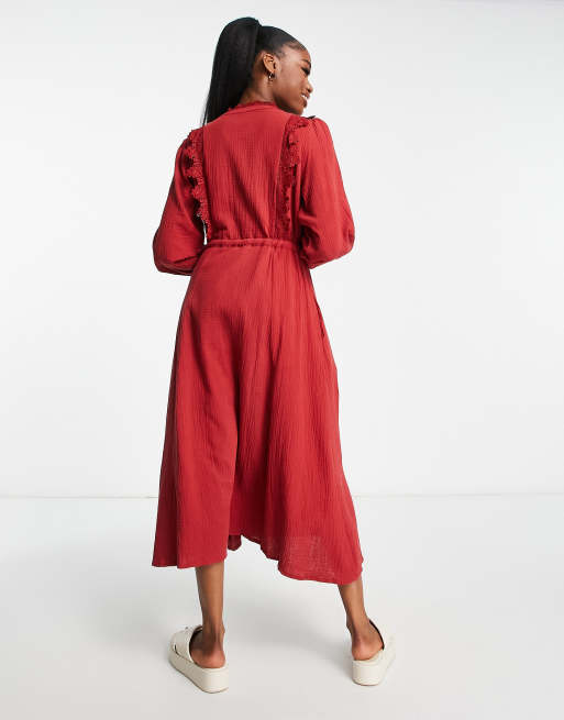 Just Me lace front midi dress with tie waist in red