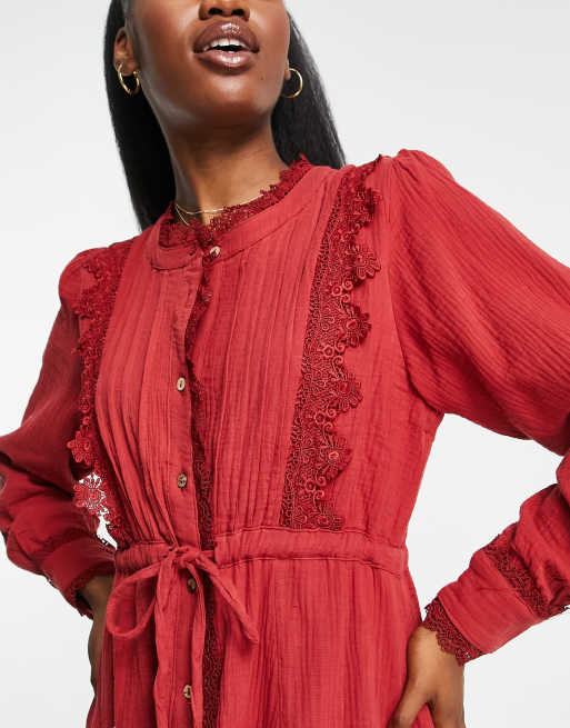 Just Me lace front midi dress with tie waist in red | ASOS